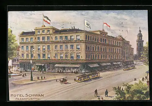 Künstler-AK Frankfurt a. M., Hotel Schwan mit Strassenbahn