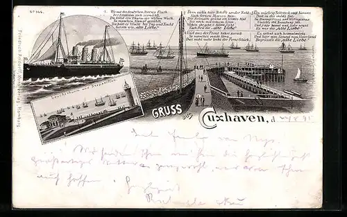 Lithographie Cuxhaven, Dampfer, Kriegerdenkmal, Leuchtturm und Seepavillon