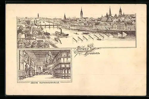 Lithographie Bremen, Obere Rathhaushalle, Ortsansicht aus der Vogelschau