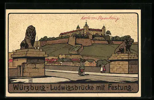 Steindruck-AK Würzburg, Ludwigsbrücke mit Festung
