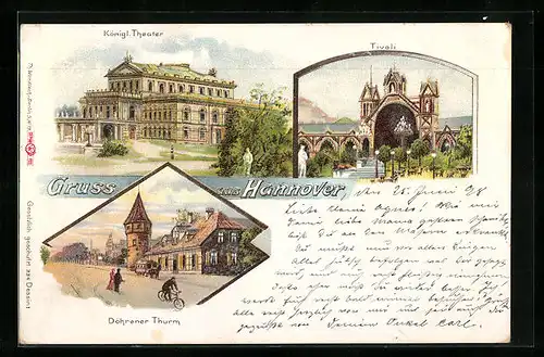 Lithographie Hannover, Königl. Theater, Tivoli, Döhrener Turm, Reklame für Fahrradhaus A. Stukenbrok