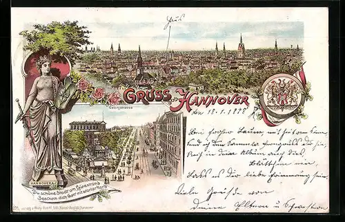 Lithographie Hannover, Georgstrasse, Hannovera, Ortsansicht aus der Vogelschau, Wappen