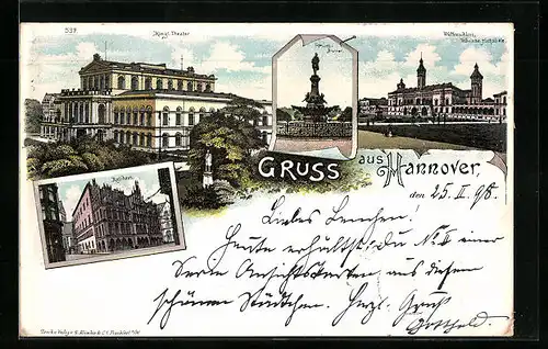 Lithographie Hannover, Königliches Theater, Rathaus, Ebhardt-Brunnen