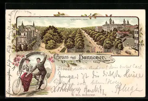 Lithographie Hannover, Herrnhauser-Allee, Fahrrad, Tandem
