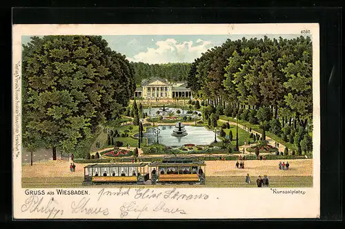 Lithographie Wiesbaden, Kursaalplatz mit Strassenbahn