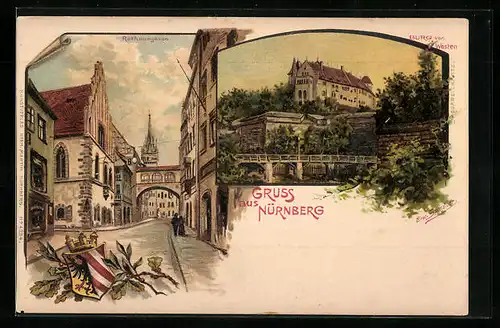 Künstler-Lithographie Erwin Spindler: Nürnberg, Rathausgasse und Burg