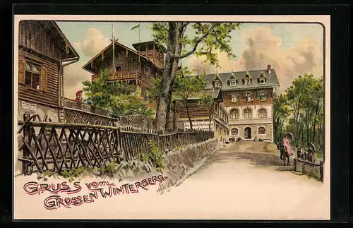 Lithographie Bad Schandau, Hotel auf dem grossen Winterberg mit Zufahrt und Aussichtsturm