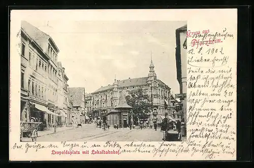 AK Pforzheim, Leopoldsplatz mit Lokalbahnhof