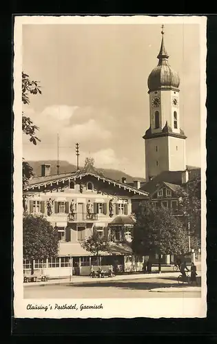 AK Garmisch, Clausing`s Posthotel nebenan die Kirche