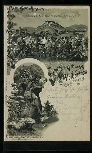 Lithographie Weinsberg, Burg Weibertreu, Sage von der Rettung der Männer durch ihre Frauen