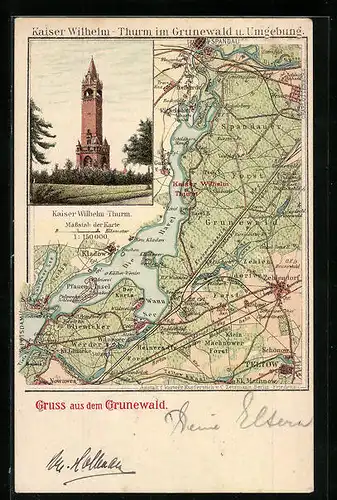 Lithographie Berlin-Grunewald, Kaiser Wilhelm-Thurm, Landkarte mit Grunewald und Umgebung