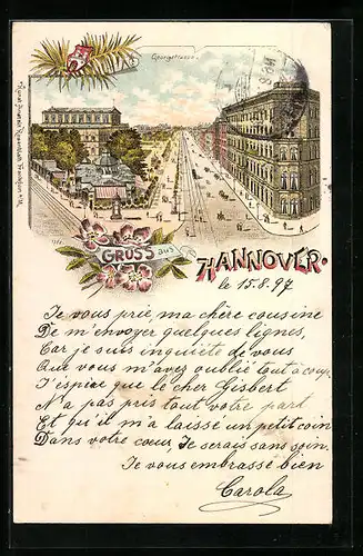 Lithographie Hannover, Die Georgstrasse aus der Vogelschau