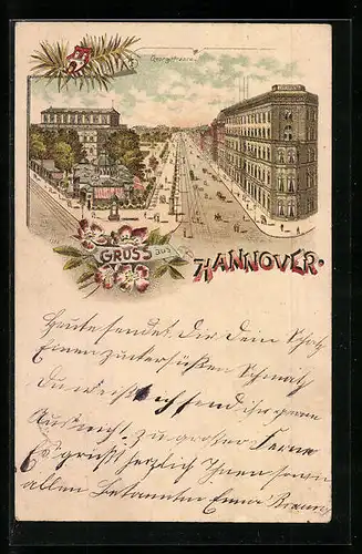 Lithographie Hannover, Die Georgstrasse aus der Vogelschau