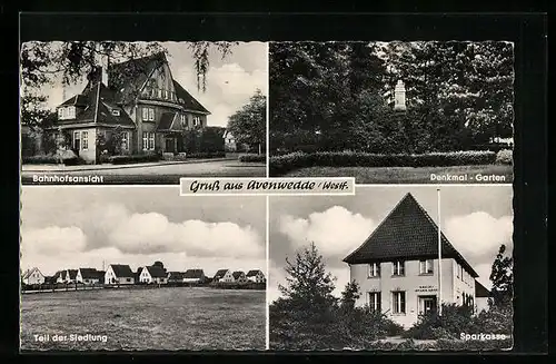 AK Avenwedde, Bahnhofsansicht, Denkmal-Garten, Teil der Siedlung, Sparkasse