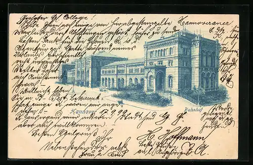 Lithographie Hannover, Blick auf das Bahnhofsgebäude