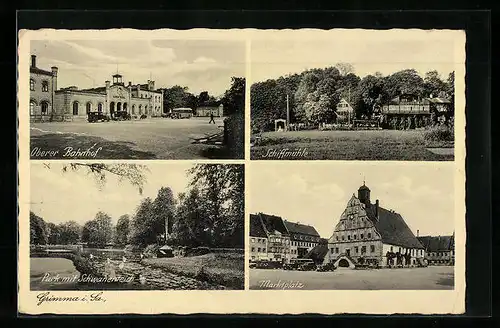 AK Grimma i. Sa., Oberer Bahnhof, Schiffmühle, Marktplatz