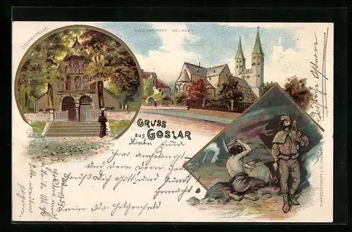 Lithographie Goslar, Domkapelle, Klosterkirche Neuwerk, Männer im Bergbau