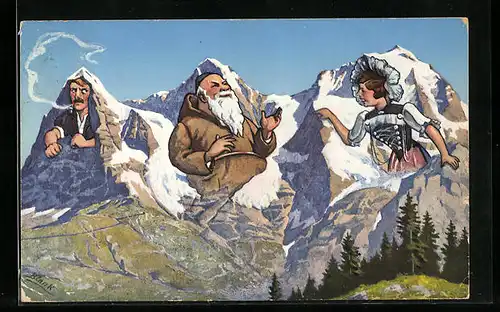 Künstler-AK Berge Eiger, Mönch und Jungfrau mit Gesichtern, Berggesichter