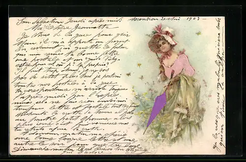 Präge-Lithographie Junge Dame mit lila Schirm