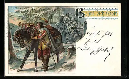 AK Behüt Dich Gott im neuen Jahr, Knappe zieht musizierend mit Pferd
