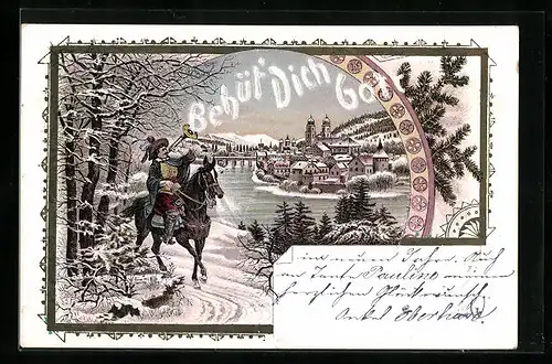 AK Behüt Dich Gott!, Knappe blickt trompetend auf die verschneite Stadt