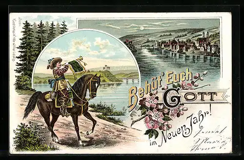 AK Trompeter von Säckingen zu Pferde, Uferpartie, Behüt Dich Gott!, Neujahrsgruss