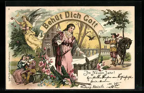 Lithographie Behüt Dich Gott!, Frau gibt Vogel einen Brief, Trompeter