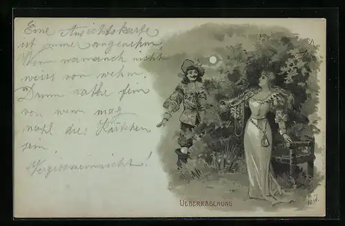 Mondschein-Lithographie Überraschung, Trompeter von Säckingen trifft Geliebte