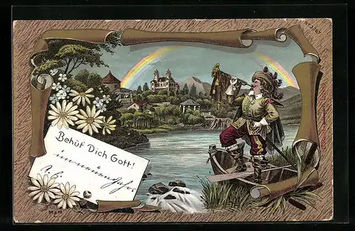 AK Trompeter von Säckingen im Boot, Regenbogen, Behüt Dich Gott!
