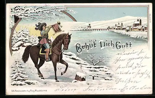 AK Behüt Dich Gott!, Reiter mit Fanfare vor einer Ortschaft im Winter