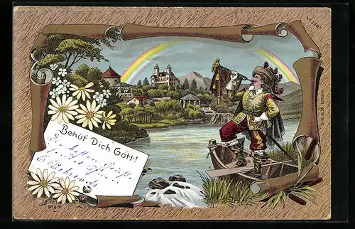 AK Trompeter von Säckingen im Boot, Regenbogen, Behüt Dich Gott!