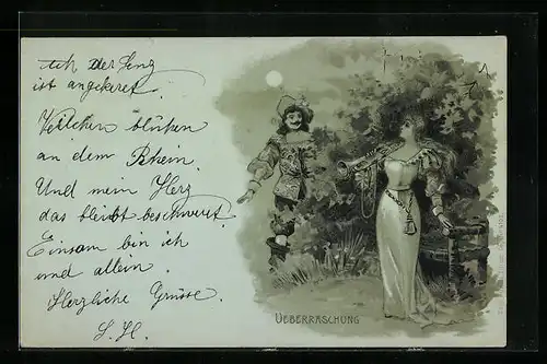 AK Behüt Dich Gott!, Überraschung, Frau mit Trompete sieht Mann