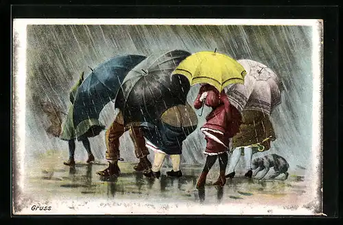 Lithographie Menschen mit Schirm bei Regenwetter
