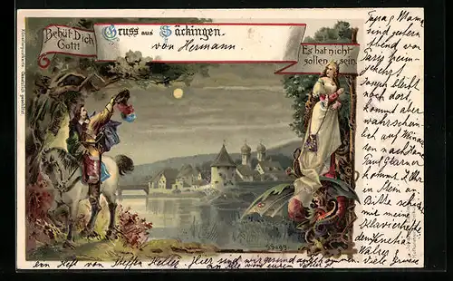 Lithographie Behüt Dich Gott!, Mann verabschiedet sich von Frau