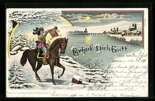 AK Behüt Dich Gott!, Reiter mit Fanfare vor einer Ortschaft im Winter