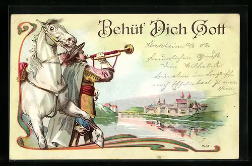 Lithographie Behüt Dich Gott!, Trompeter mit seinem weissen Pferd, Ortsansicht
