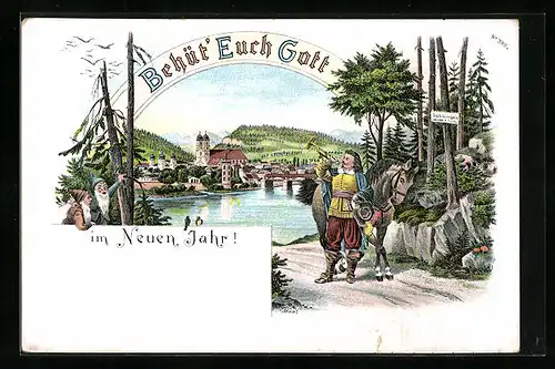 Lithographie Trompeter von Säckingen vor Stadt, Behüt Dich Gott!