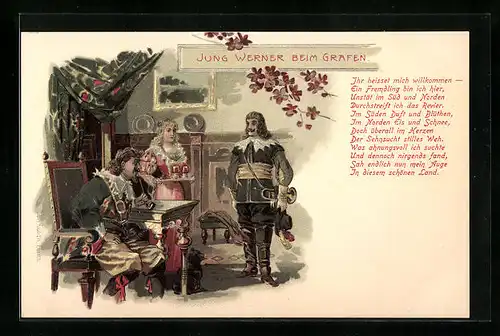 Lithographie Jung Werner beim Grafen, Behüt Dich Gott!