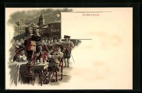 Lithographie Serenade am Abend, Trompeter steht auf dem Fass, Behüt Dich Gott!