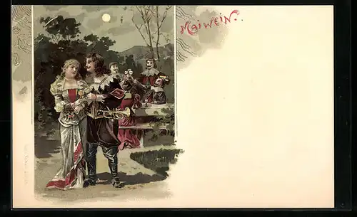 Lithographie Fröhliches Gelage mit Maiwein, Trompeter mit einer holden Maid, Behüt Dich Gott!