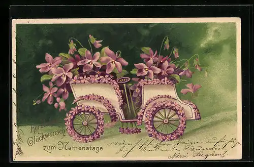 AK Herzlichen Glückwunsch zum Namenstage mit einem blumengeschmückten Auto