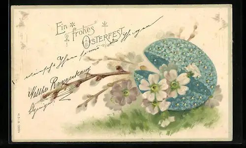 Präge-AK Ein frohes Osterfest, Blumenverziertes Osterei und Weidenkätzchen