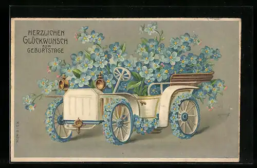 Präge-AK Ein mit blauen Blüten geschmücktes Auto gibt es zum Geburtstag