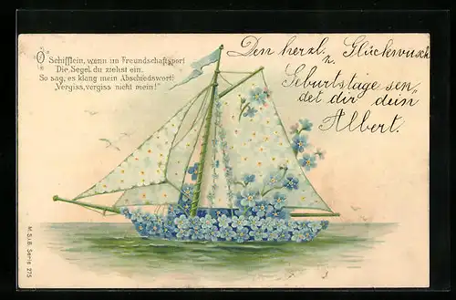 Präge-AK Blumengeschmücktes Segelboot verlässt den Hafen, Vergiss, vergiss nicht mein