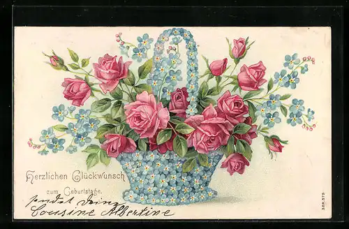 Präge-AK Herzlichen Glückwunsch zum Geburtstag, Rosen in einem Korb aus blauen Blüten