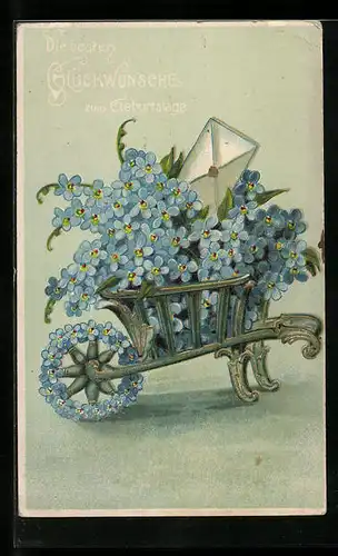 Präge-AK Geburtstagswünsche mit einer Blumen gefüllten Schubkarre und versiegelten Brief