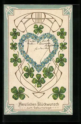 Präge-AK Herzlichen Glückwunsch zum Geburtstag, Glückskleeblätter und Blumenherz