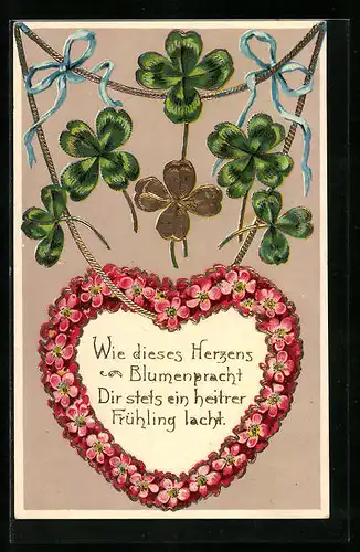 Präge-AK Herzens Blumenpracht mit Glückskleeblättern