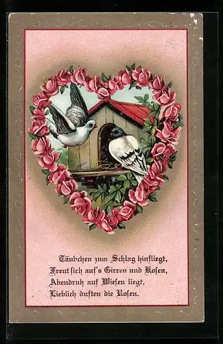 Präge-AK Zwei Turteltauben inmitten eines Herzens aus Blumen