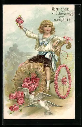 AK Junge gratuliert mit Rosen und weissen Tauben, Glückliches Neujahr!